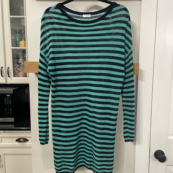 Akris Punto Green Blue Stripe Tunic Net Designer Womens Sweater - Picture 1 of 7